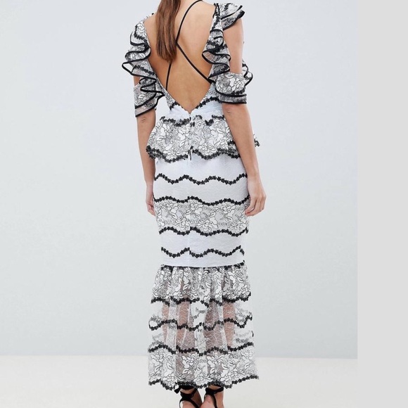 ASOS DESIGN Light Blue Premium Lace Midi Dress w/ Peplum Frill Hem Sz. 2 - Picture 3 of 11